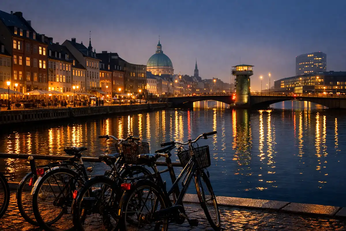 Cykler ved vandet om natten i København