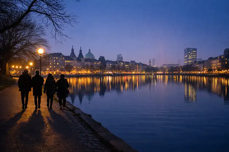 Mørk aften ved vandet i byen